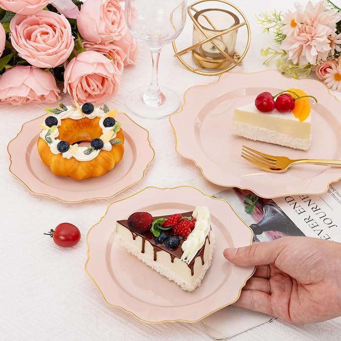 WDF 200PCS Pink Plastic Plates - Pink and Gold Plastic Plates - Include 100 Dinner Plate and 100 Cake Plate for Spring/Wedding/Bridal Shower/Tea party/Mother's Day