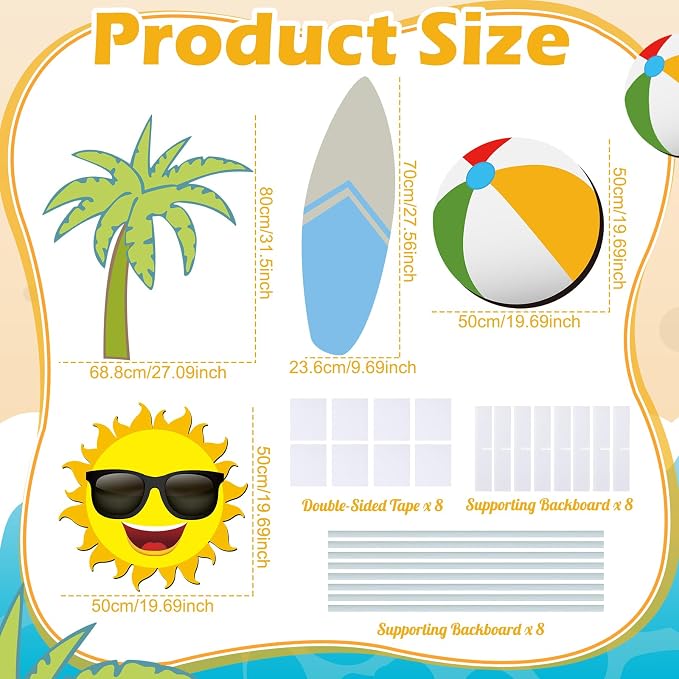 4 Pack Summer Beach Party Decoration 31'' Large Surfboard Cardboard Cutout Life Size Pool Photo Booth Prop Coconut Tree Sun Beach Ball Outdoor Sign for Swimming Hawaiian Luau Bar Supplies