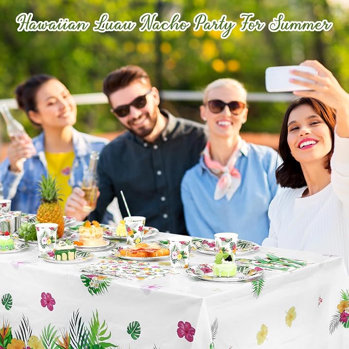 Funnymoom 452 Pcs Hawaiian Luau Party Decoration for 50, Tropical Aloha Paper Plate Napkin Cup Tablecloth Cutlery Palm Leaf Hibiscus Disposable Tableware for Summer Beach Floral Birthday Party Supply