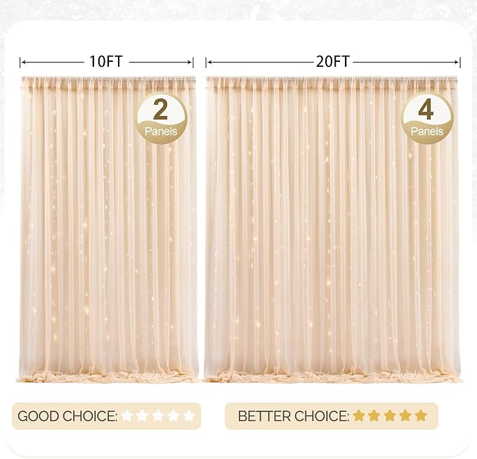 20x10ft Champagne Tulle Backdrop Curtain with Lights String for Parites, Sheer Photo Backdrop Curtains with Lights for Wedding Backdrop Ceremony Reception Bridal Shower Baby Shower Birthday Party