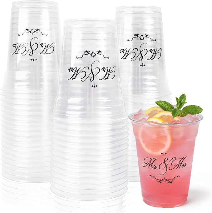 Edussy 50 Pack Disposable Wedding Plastic Cups Decor- 12 oz Mr and Mrs Cups for Wedding Stuff Decorations for Reception Bridal Shower Anniversary Party