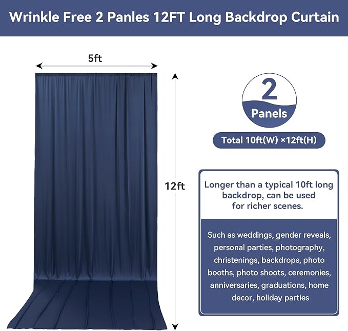 10ftx12ft Navy Blue Backdrop Curtains for Wedding-Wrinkle Free Backdrops Curtain Drapes Fabric Decorations Photo Back Drop Cloth for Baby Shower Photography 2Panels 12ft(H) x 5ft(W)