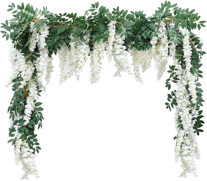 1pc/2pcs Encrypted Flower Vine Wisteria Artificial Flowers Garland,White Wisteria Hanging Flowers Flower Garland Decorations for Home Garden Outdoor Ceremony Wedding Arch Decoration (White, 2pcs)