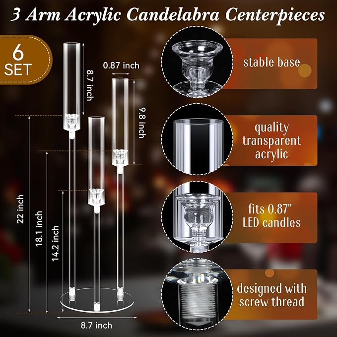 Layhit 6 Set Wedding 3 Arm Acrylic Candelabra Table Centerpiece 30.7" Clear Tall Floor Candle Holder with Shade Pillar Taper Stand for Dining Party Anniversary Birthday Easter Fit 0.87 LED Candle