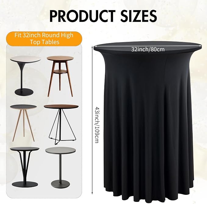 4 pk Black Cocktail Table Cloth Round 32×43in-High Top Highboy Bar Cocktail Tablecloths-Wrinkle Free Stretchy Fitted Spandex Table Covers with Ruffle Desk Skirt for Wedding Banquet Party Tables