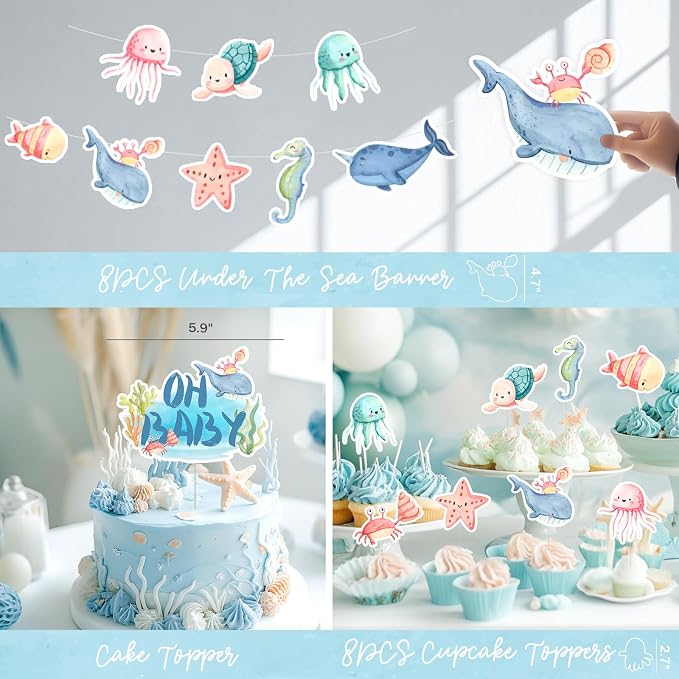 Under The Sea Baby Shower Decorations – 121Pcs Ocean Theme Party Supplies with Underwater Party Decor Backdrop, Blue Green Balloon Garland, Banner, Fringe Curtain, Boxes