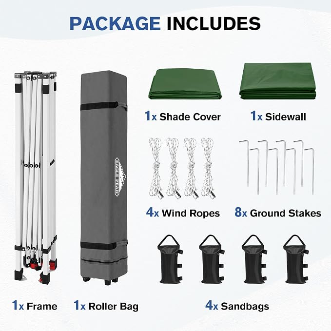 EAGLE PEAK Commercial Canopy 10x10 Pop Up Canopy Tent with 1 Sidewall, Easy Setup Heavy Duty Instant Event Shelter for Vendors & Markets, Outdoor Sun Shade, Green