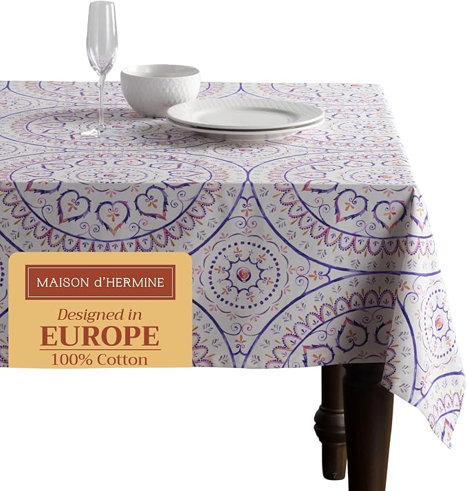Maison d' Hermine Table Cloth Square Table 100% Cotton 60 x 60 Inches Tablecloth Reusable Decorative for Dining Kitchen Room Farmhouse Party Home Hotel Restaurant Spring Summer - Mandala
