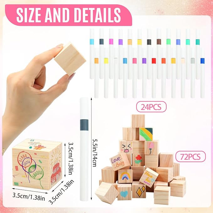 97 Pcs Pink Baby Shower Games Sign Kit,Including Decorate a Block Game Sign 72 DIY Blank Wooden Block 24 Pen to Draw Your Idea for Baby Shower Game Gender Reveal Party