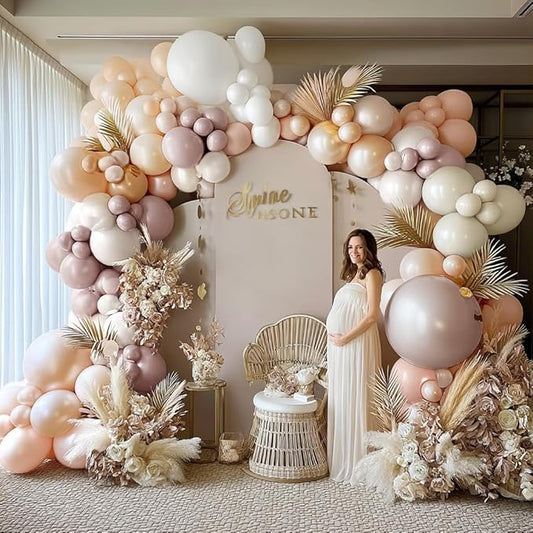 Double Stuffed Blush Pink White Balloon Garland Different Sizes 18In 12In 5In Beige Champagne Light Pink Balloon Arch Kit For Baby shower Neutral Gender Reveal Bridal Shower Party Decorations
