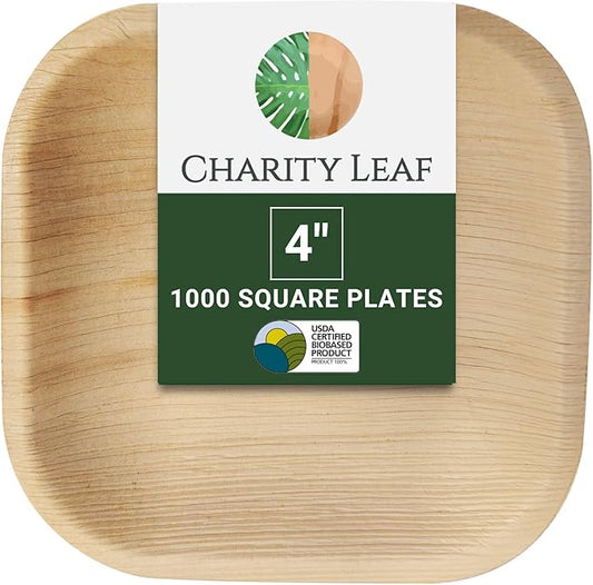 Charity Leaf Disposable Palm Leaf 4" Square Plates (1000 pieces) Bamboo Like Serving Platters, Disposable Boards, Eco-Friendly Dinnerware For Weddings, Catering, Event