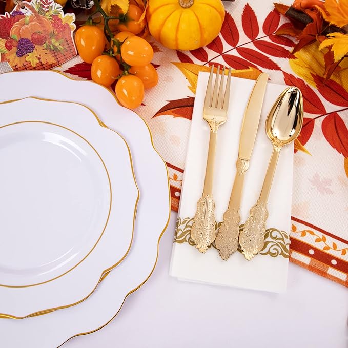 NOCCUR 175PCS Gold Plastic Plates with Disposable Silverware - White Gold Plastic Tableware Include 25 Dinner /25 Dessert Plates, 75 Cutlery, 25 Cups, 25 Napkins - Ideal for Party/Wedding