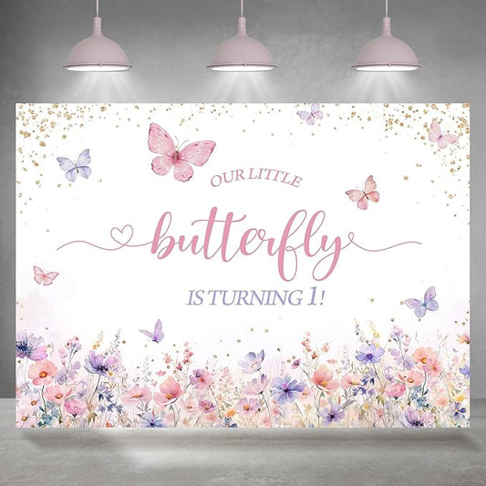 Butterfly Theme 1st Birthday Backdrop for Girls Pink Purple Floral Little Butterfly is Turning One Background First Birthday Party Decoration Supplies Banner Photo Booth Studio Props 7x5ft