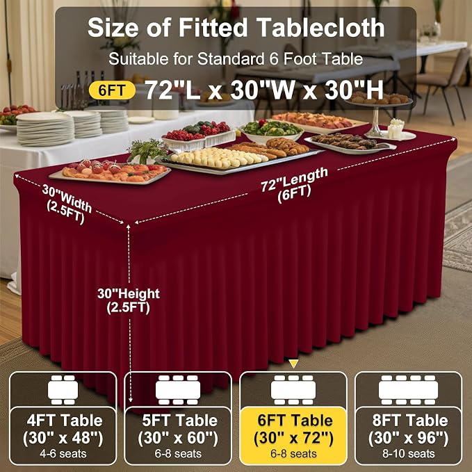 Smiry Spandex Tablecloth 2 Pack, Elastic Fitted Stretch Tablecloth for 6FT Rectangle Tables, Waterproof Washable Table Cover Skirt for Outdoor, Wedding, Banquet & Parties (Wine Red, 72Lx30Wx30H Inch)