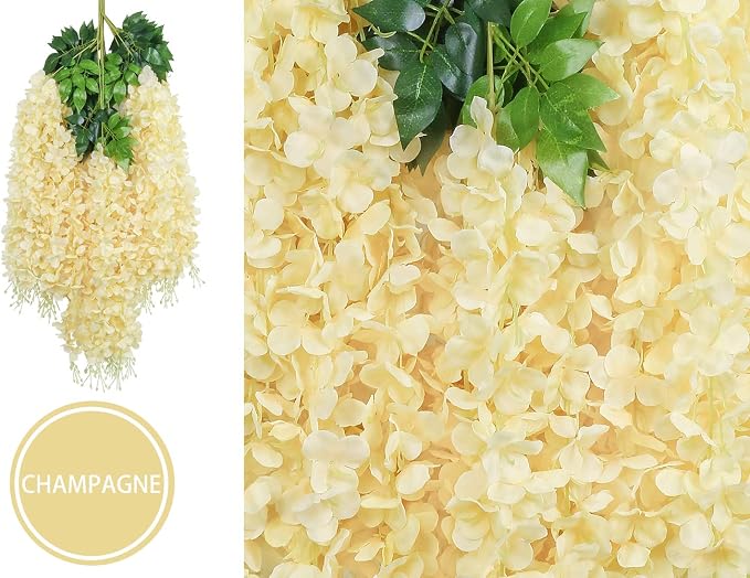 Pauwer Artificial Wisteria Flowers Vine Garland - 12 Pack Wedding Hanging Silk Flower String, Fake Ratta Garland, Champagne