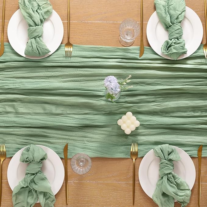 Sage Green Cheesecloth Table Runner 10FT Boho Rustic Sheer Gauze Cheese Cloth Table Runner 35x120 Inch for Spring Wedding Bridal Baby Shower Birthday Home Decor