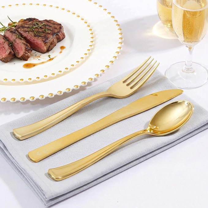 Supernal 360pcs Gold Plastic Silverware Heavy Duty Disposable Cutlery Gold flatware Sets Include 120 Forks, 120 Knives, 120 Spoons, Suitable for Party, Birthday, Wedding | Disposable Flatware Gold Plastic Utensils for bulk catering wedding banquet Upsc...