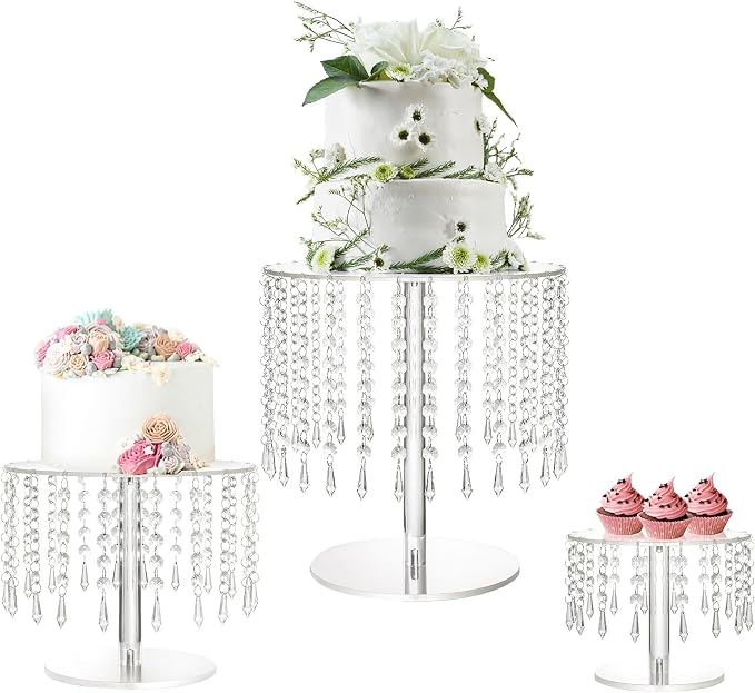 Crystal Cake Stand for Party, Clear Acrylic Cake Stand Sets for Dessert Table, 3Pcs Round Cake and Cupcake Stand for Wedding Birthday Party Event Decorations