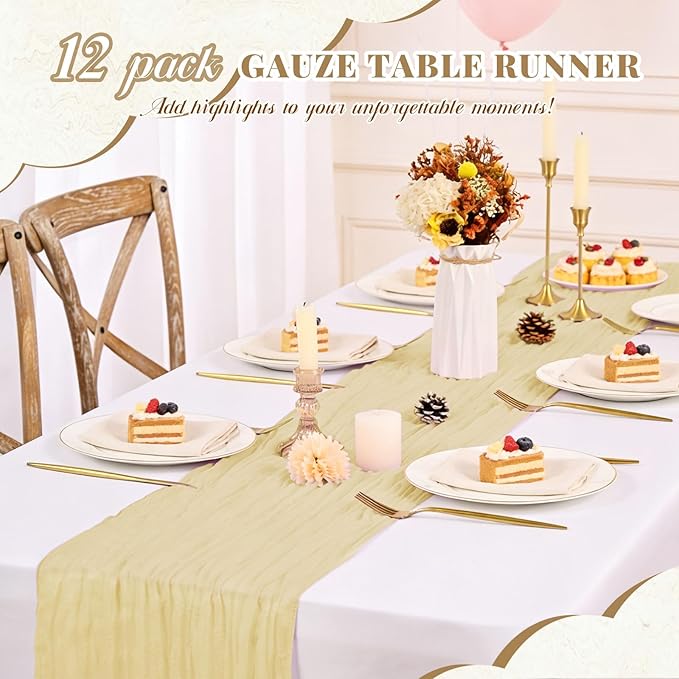 12 Pack Cheesecloth Table Runner,Beige Table Runner Long Romantic Semi Sheer Rustic Boho Gauze Table Runners for Wedding Bridal Shower Birthday Party Decorations(17.7×108 Inch)