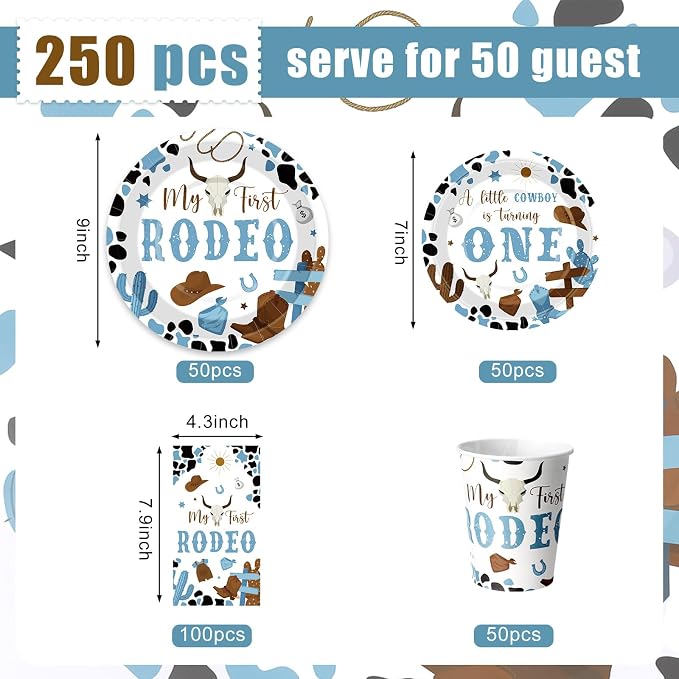 Pickmesh 250 Pcs My First Rodeo Party Decorations Western Cowboy Disposable Tableware Set My First Rodeo Paper Plates Napkins and Cups for 1st Boy Birthday Baby Shower Party Decorations Serve 50