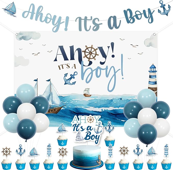Ahoy Its A Boy Baby Shower Decorations Ahoy It's A Boy Backdrop Banner Nautical Baby Shower Cake Topper Ocean Navy Theme Party Sailor Birthday Ocean Sailing Sailboat Lighthouse Decor