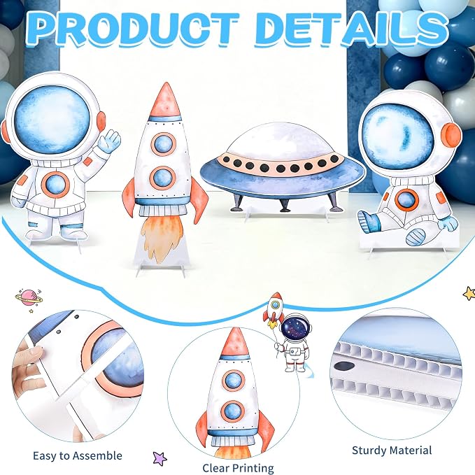 Large Space Themed Cardboard Cutouts - 4Pcs Astronaut Rocket Spacecraft Spaceship Yard Sign Set Outer Space Cardboard Stand Sign for Birthday Decorations Photo Booth Props