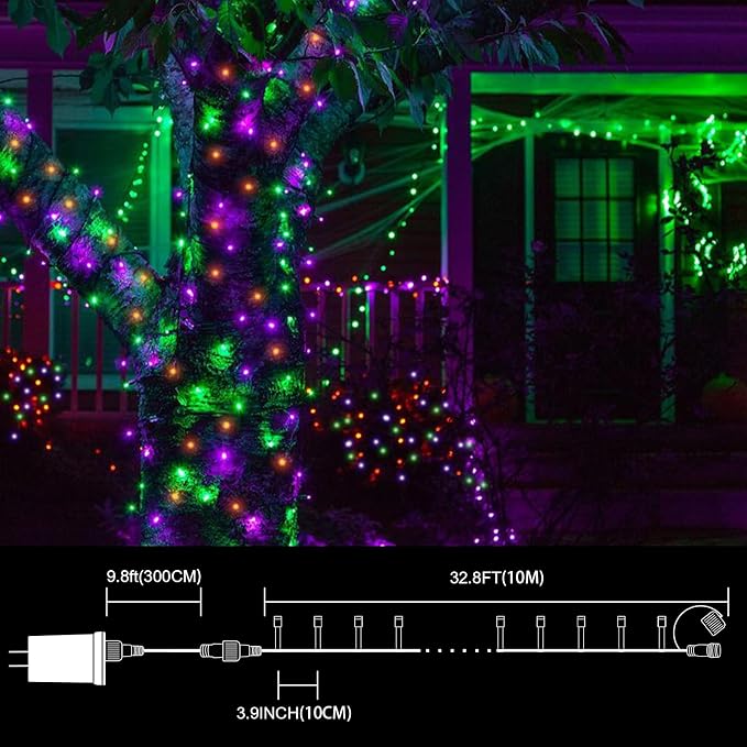 LAMPHOME Halloween String Lights, 100 LED Orange Purple Green Plug in String Lights, 16 Modes Clear Wire Fairy Mini Lights for Indoor Outdoor Halloween Party Garden Yard Home Holiday Decoration