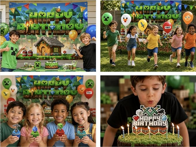 Pixel Game Birthday Party Decorations - Miner Supplies Set Gaming Theme - Including Backdrop Balloons Tablecloth Plates Toppers Napkins Favor Bags Stickers - Mining Bday Pack Craft Decor Kit
