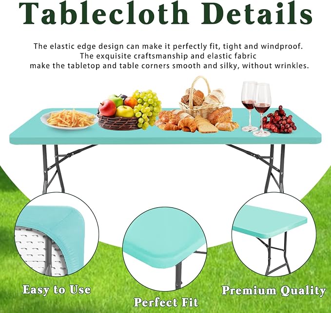 Picnic Table Cover 10 Pack Elastic Fitted Tablecloths for 8 Foot Rectangle Tables Waterproof Stretch Washable Patio Folding Outdoor Spandex Table Cloth Camping Banquet Parties (Aqua Blue,30" x 96")