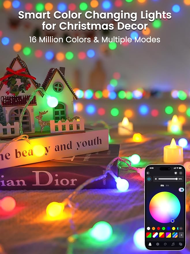 46ft 100LED Smart Color Changing Globe String Lights Indoor APP Control | Fairy Lights Plug in with Remote, Music Syn, Clear Wire Twinkle Light for Bedroom, Multicolor & Modes, Waterproof, Room Decor