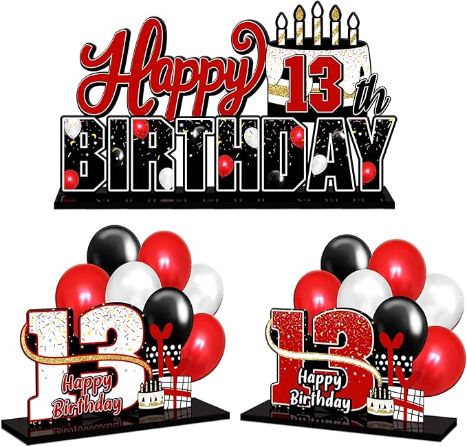 LINGTEER Happy 13th Birthday Red Acrylic Table Topper Centerpieces Set - Cheers to Thirteen Years Old Birthday 13th Bday Party Gift Decorations.