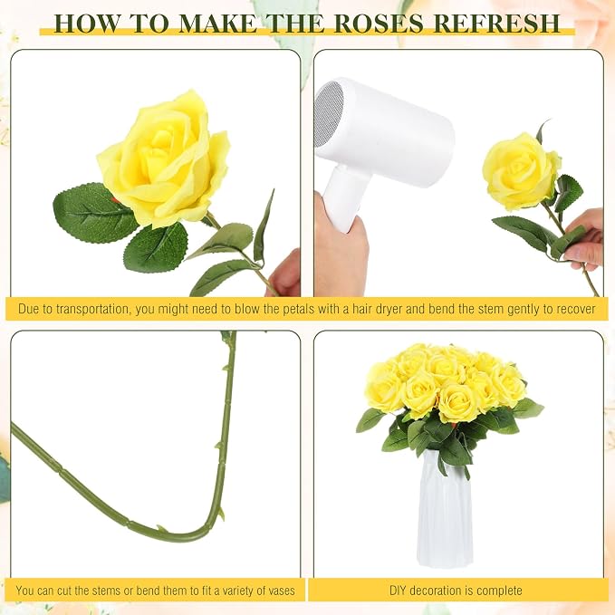 Hotop 20 Pcs Artificial Rose Flowers with Long Stem, Real Lifelike Silk Realistic Plastic Bouquet Roses Bulk for Home Decor Bridal Wedding Party Table Centerpieces Decorations(Yellow)