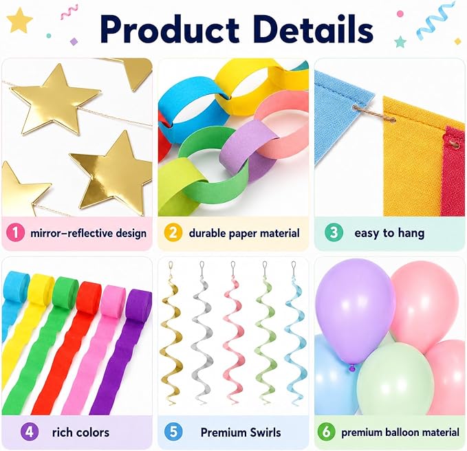 345pcs Colorful Birthday Decoration Fancy Paper Chains Crepe Paper Streamers Pennant Banner Flags Gold Star Garlands Hanging Swirls Pastel Balloons for Wedding Graduation Birthday Baby Shower Decors