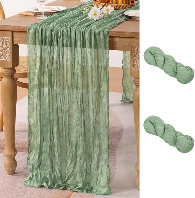 MLMC 2 Pack Sage Green Table Runner 10ft Rustic Gauze Cheesecloth Table Runner Sage Cheese Cloth Centerpiece Decor 35x120 Inches for Boho Wedding Bridal Shower Party Decor