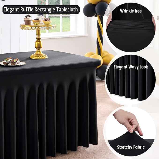 Outpain Spandex Tablecloth for 6 Foot Rectangle Tables, 3 Pack Black Fitted Table Cloths 6ft Stretchy Banquet Table Clothes Cover Desk Skirt for Birthday Wedding Parties Baby Shower