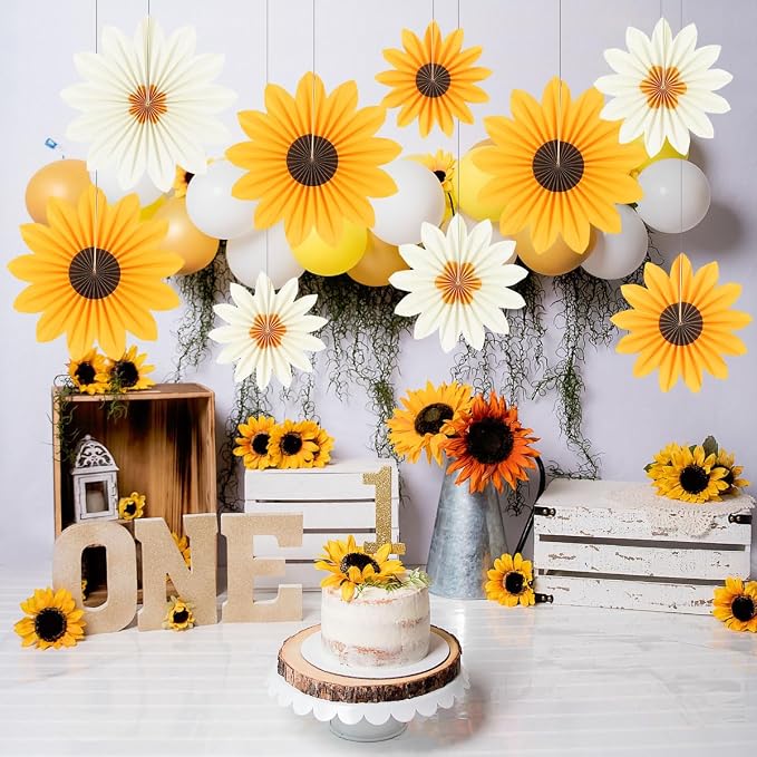 DODOKIM Sunflower Birthday Decorations Paper Flowers Decorations for Wall Floral Backdrop Classroom Baby Shower Paper Fans Flower Wall Decor Pack of 9 Sunflower Yellow Ivory