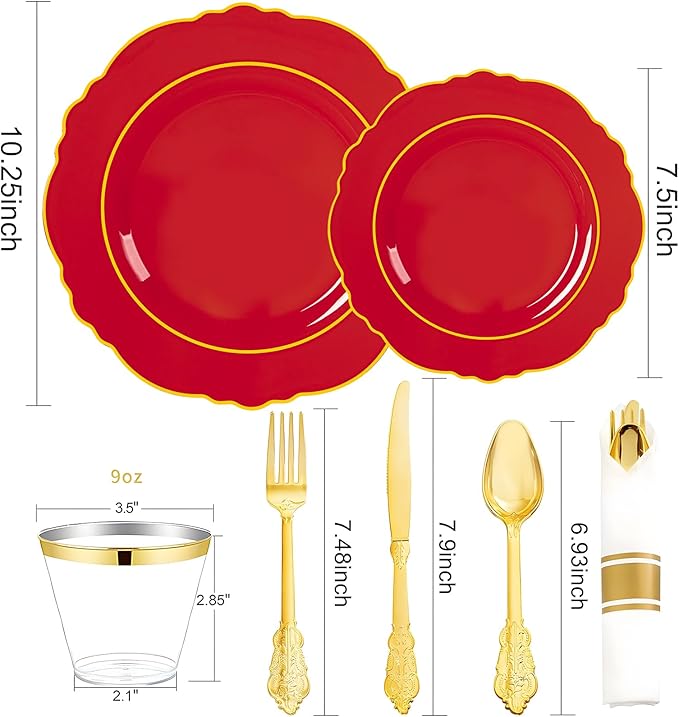 Liacere 175PCS Red Plastic Plates - Red Disposable Plates With Gold Rim -25Guest Baroque Plastic Dinnerware include 50Plates-25Pack Pre Rolled Napkins with Silverware 25Cups for Wedding & Mothers Day