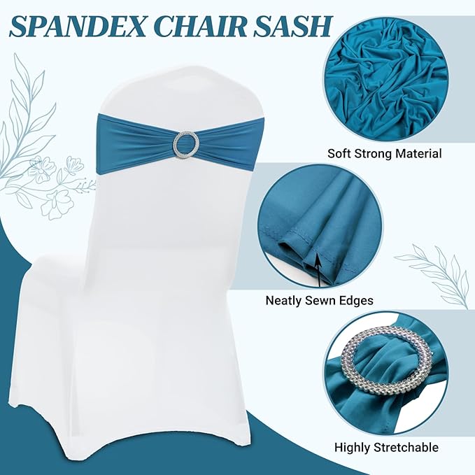 VDS - Dark Teal | Spandex Chair Sashes Bows | 200 PCS | Stretch Elastic Banquet Universal Folding Chair Band Tie with Silver Buckle Slider for Wedding Party Conference Celebration Event Decoration