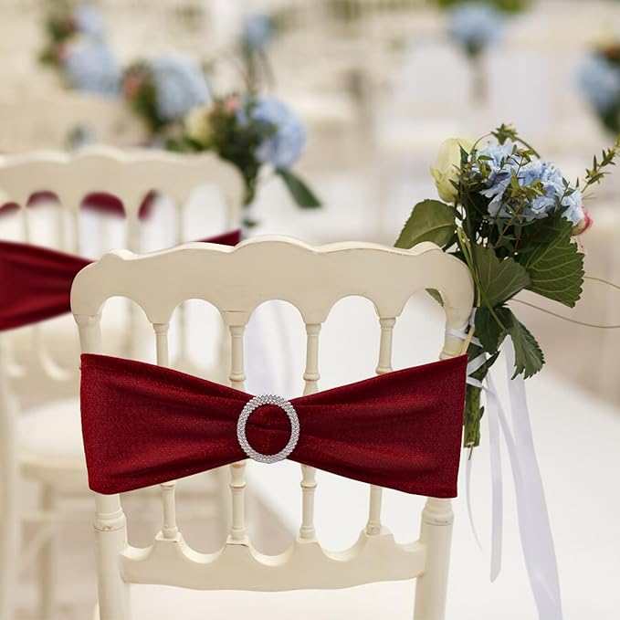 SquarePie Pack of 50 Red Chair Sashes Bows with Buckle Slider Universal Elastic Spandex Bands Ties for Banquet Event Decor