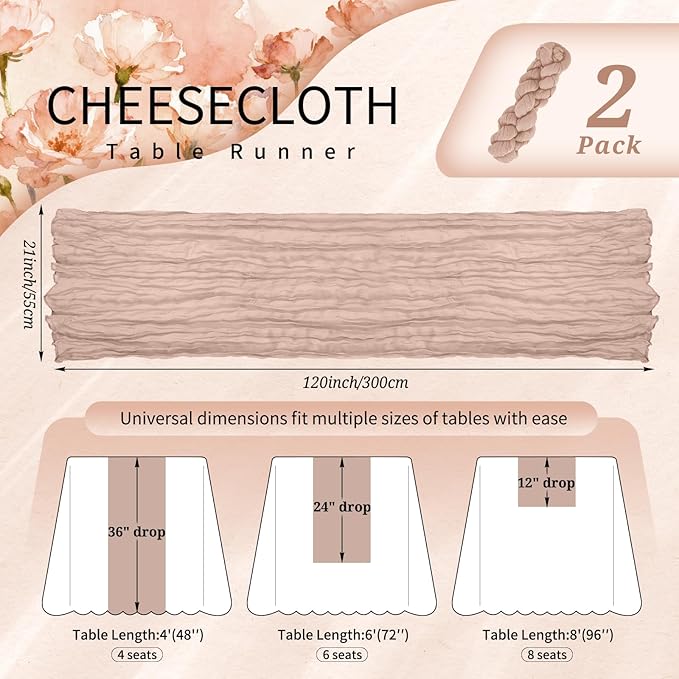 2 Pack Cheesecloth Table Runner 10FT Dusty Pink Table Runner Boho Gauze Cheese Cloth Table Runners Long Rustic Sheer Table Decorations for Wedding Party Baby Bridal Shower Birthday Holiday Home