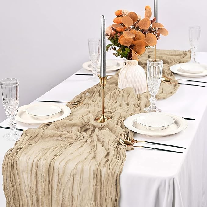 12 Pack Light Brown Cheesecloth Table Runner, 10FT Long Romantic Semi Sheer Cheesecloth Rustic Boho Table Runner for Wedding Baby Shower Birthday Bridal Party Decorations(21.5×120 Inch)