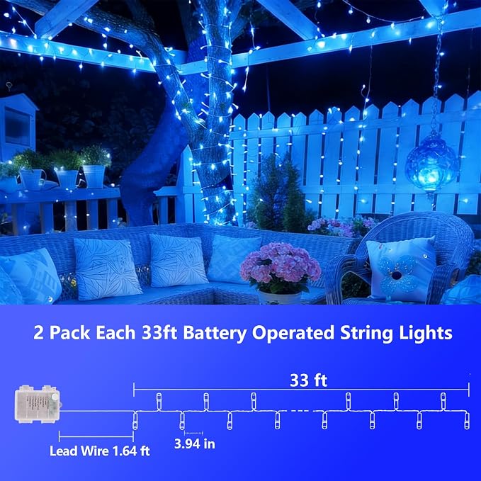 YEGUO Battery Operated String Lights, 2 Pack Each 33ft 100 LED Twinkle Fairy Lights Outdoor Waterproof, 8 Modes Clear Wire Blue Christmas Lights Indoor with Remote