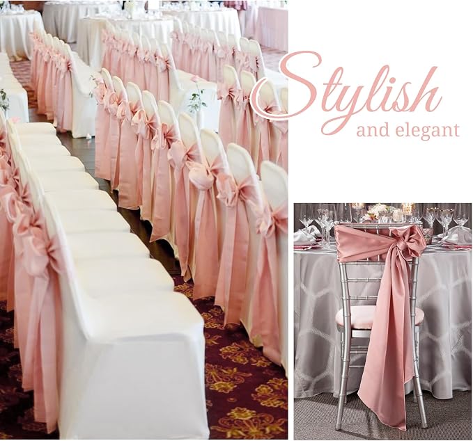 Pesonlook 120 PCS Rose Gold Satin Chair Sashes Bows,Satin Chair Sashes Universal Chair Cover for Wedding Reception Restaurant Event Decoration Banquet,Party,Hotel Event Decorations (7 x 108 inch)