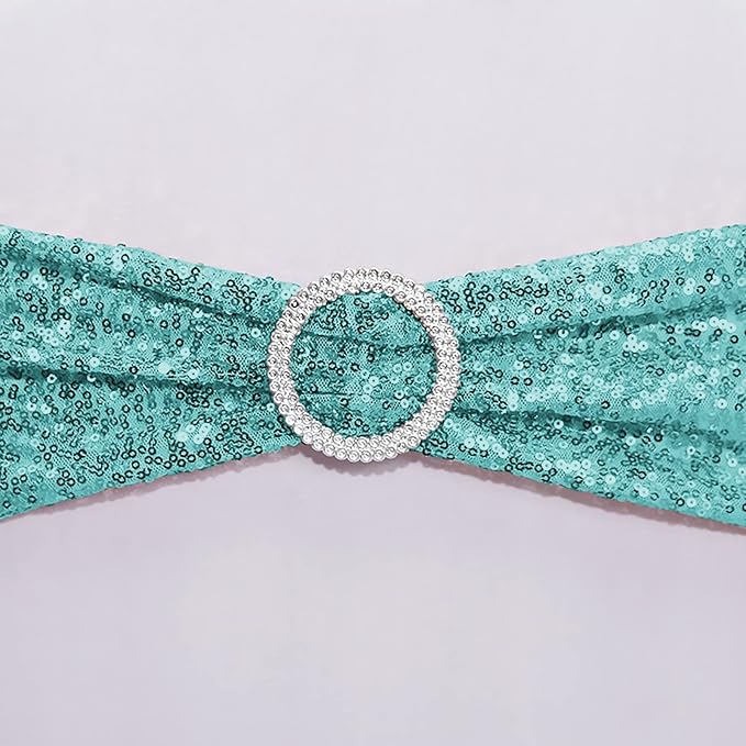 Sequin Chair Sashes Spandex, Pack of 50 Sequin Stretch with Buckle Chair Bands for Wedding Banquet Birthday Graduation Party Anniversary Prom Celebration Chair Decorations (Aqua, 50pcs)