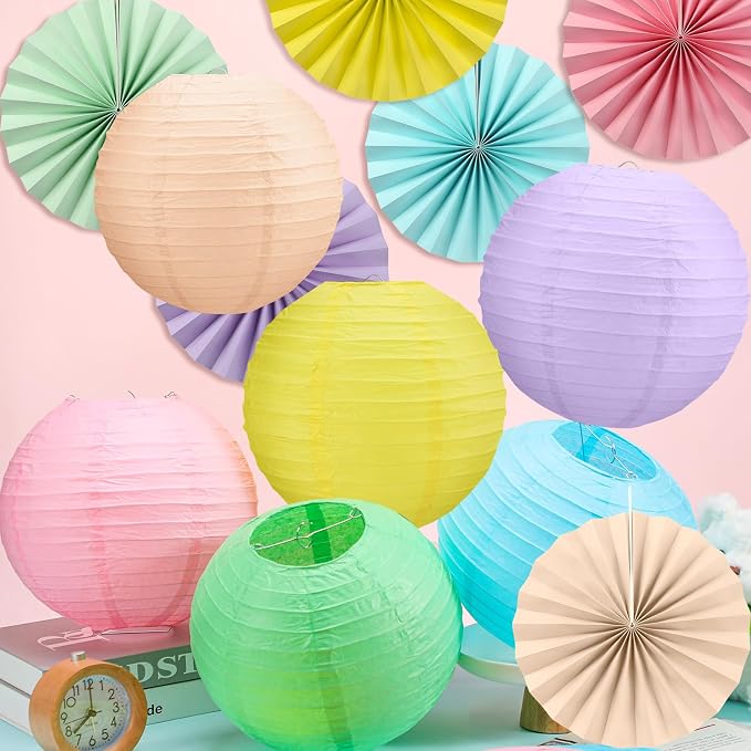 Flutesan Pastel 12 Pcs Classroom Decor Hanging Paper Lanterns and Paper Fans Back to School Party Classroom Ceilings Decor Supplies for Bulletin Board Office Wall Birthday Party Decoration