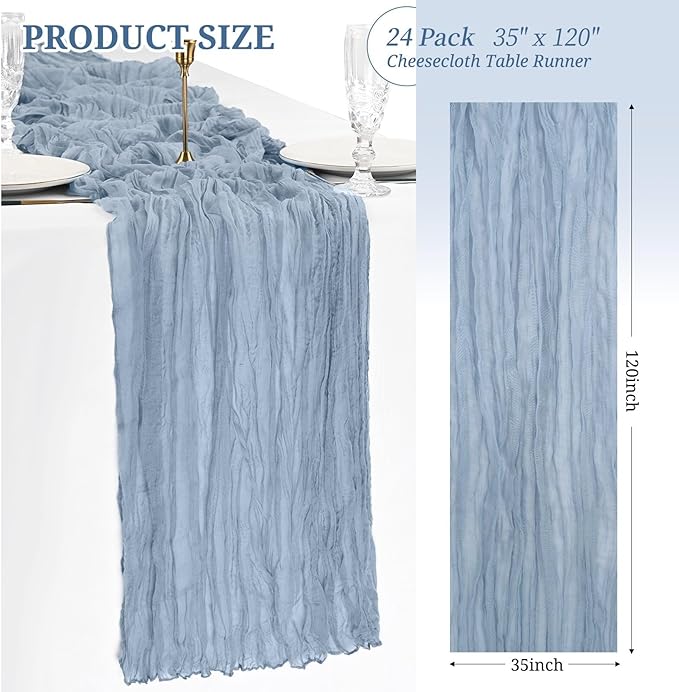 24 Pack Dusty Blue Cheesecloth Table Runner 35x120 Inch Boho Gauze Cheese Cloth Table Runner 10FT Long Rustic Sheer Wedding Table Decor for Wedding Bridal Shower Holiday Party