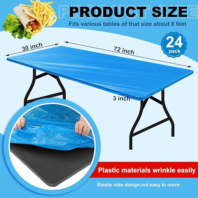 Boao 24 Pcs Summer Plastic Table Cloth Rectangle Picnic Table Covers Elastic Fitted Tablecloth, Disposable Waterproof for Camping, Indoor, Outdoor, Folding Tables (Blue,6 Ft, 72 x 30 Inch)
