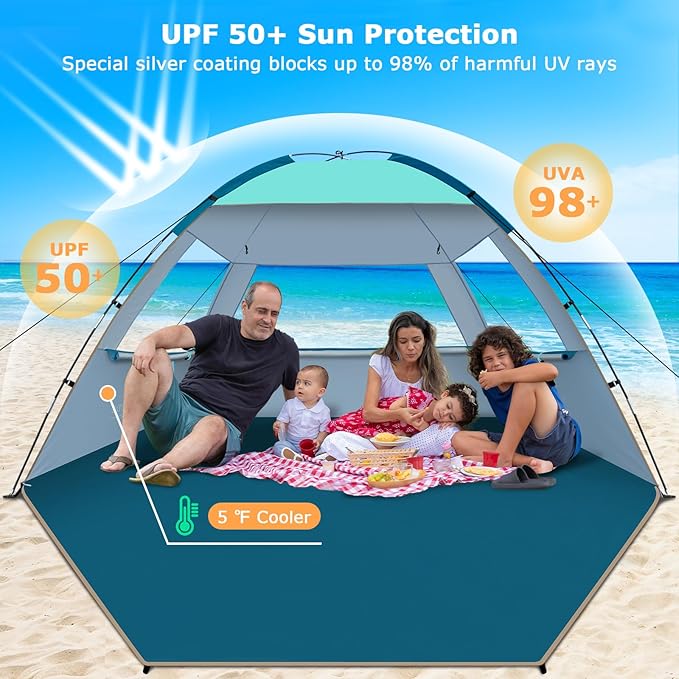 COMMOUDS Beach Tent Sun Shelter for 3/4/6/8 Person, UPF 50+ UV Protection Beach Shade Canopy Tent, Lightweight, Easy Set Up and Carry