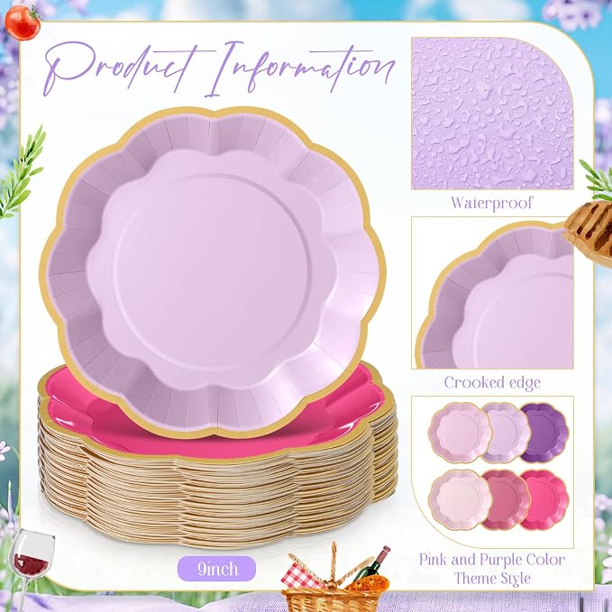 72 Pcs Pink and Purple Color Paper Plates 9 Inch Pink and Purple Gradient Scalloped Paper Disposable Dinner Dessert Plates for Birthday Wedding Bridal Party Supplies, 6 Colors