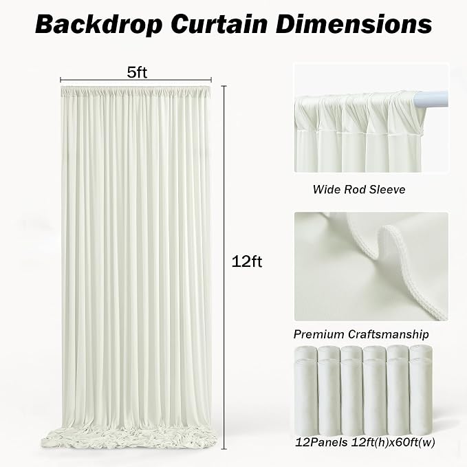 60ft×12ft Ivory Backdrop Curtain for Wedding Parties, 12 Panels Wrinkle Free Polyester Photo Backdrop Drapes Back Drop Cloth for Birthday Photography Background